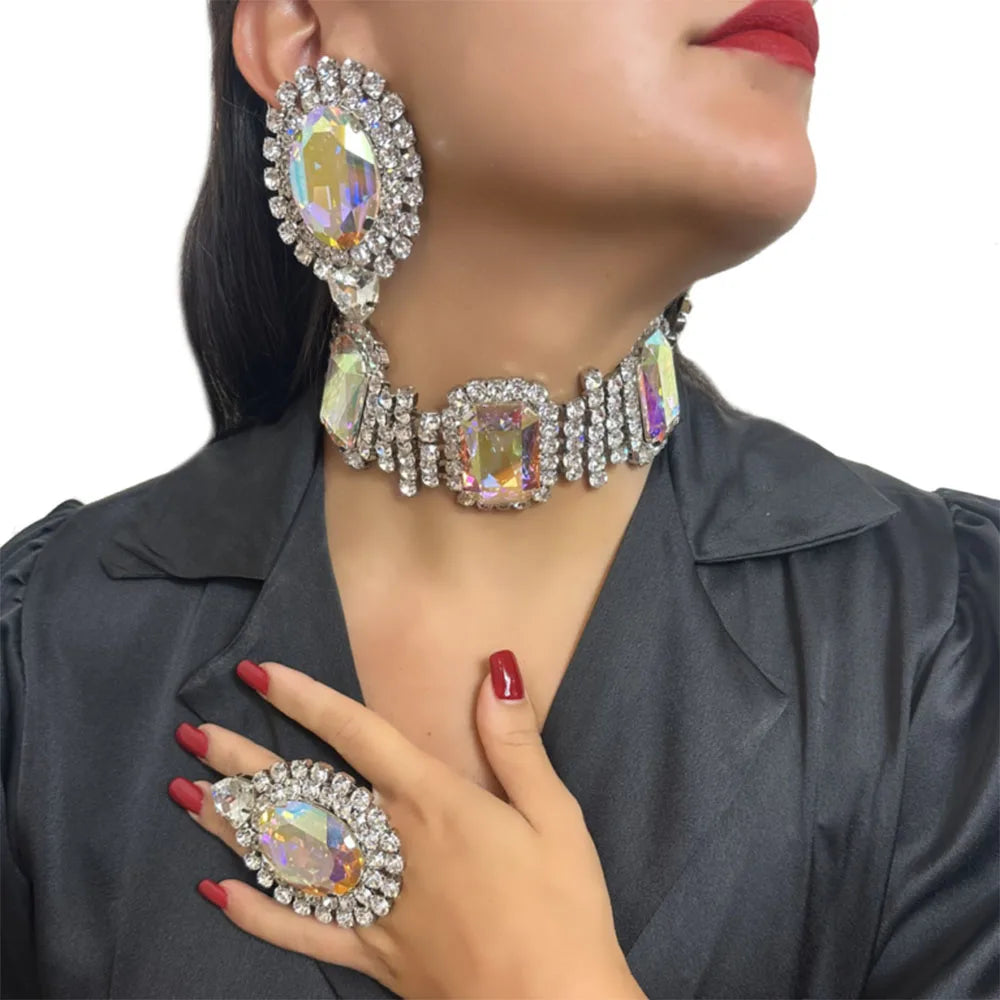 StoneFans Geometric AB Color bridesmaid jewelry set includes a necklace, earrings, and bracelet with colorful stones and modern design.