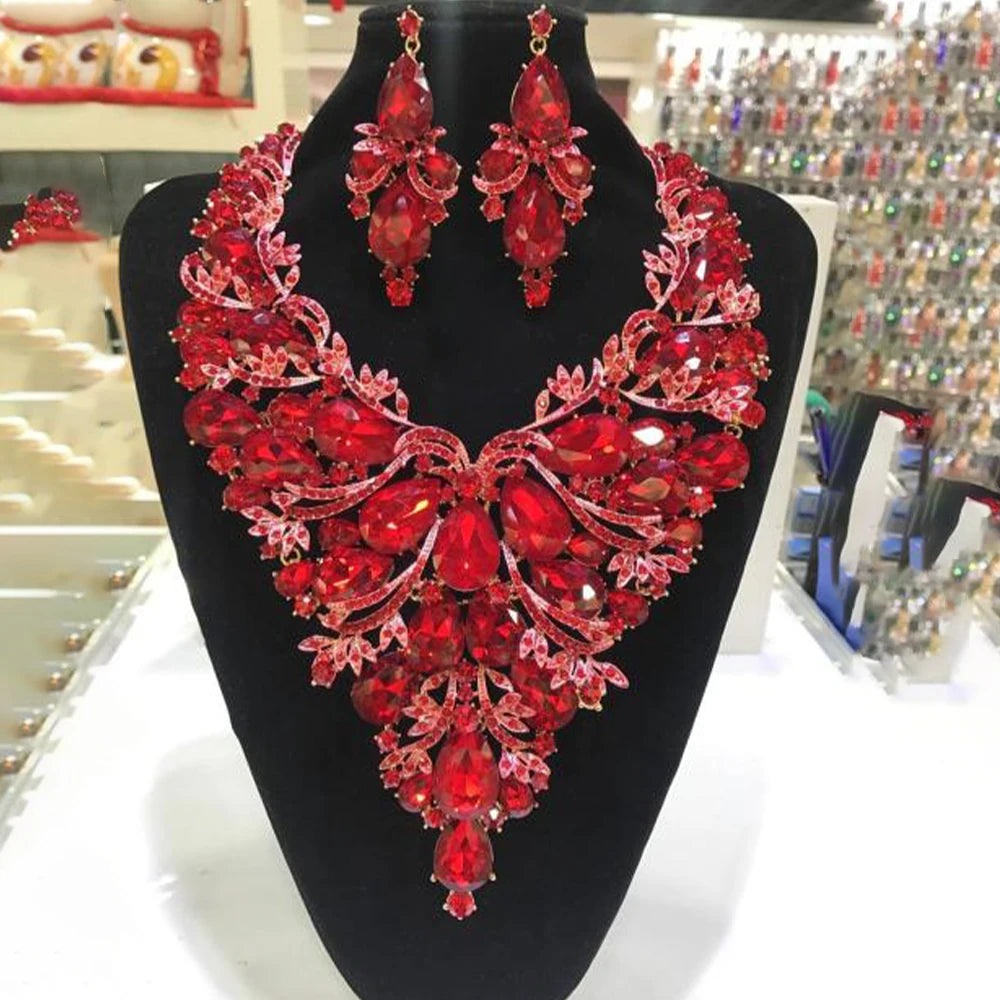 Hot Trend Vault Rhinestone drop necklace and earrings set with exaggerated drag queen glam, featuring sparkling stones for women.