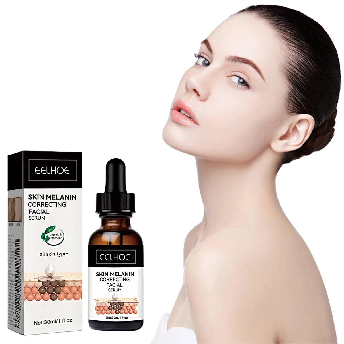 Eelhoe Melanin Correcting Serum for women with dark spots, freckles, and brightening skin, by Hot Trend Vault.
