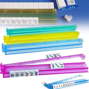 Set of four multicolor acrylic Mahjong tile pushers for family board game storage and organization.