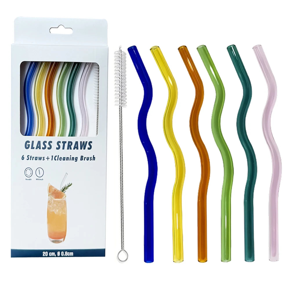 Reusable glass straw kit by Hot Trend Vault with six shatterproof borosilicate straws for family use.