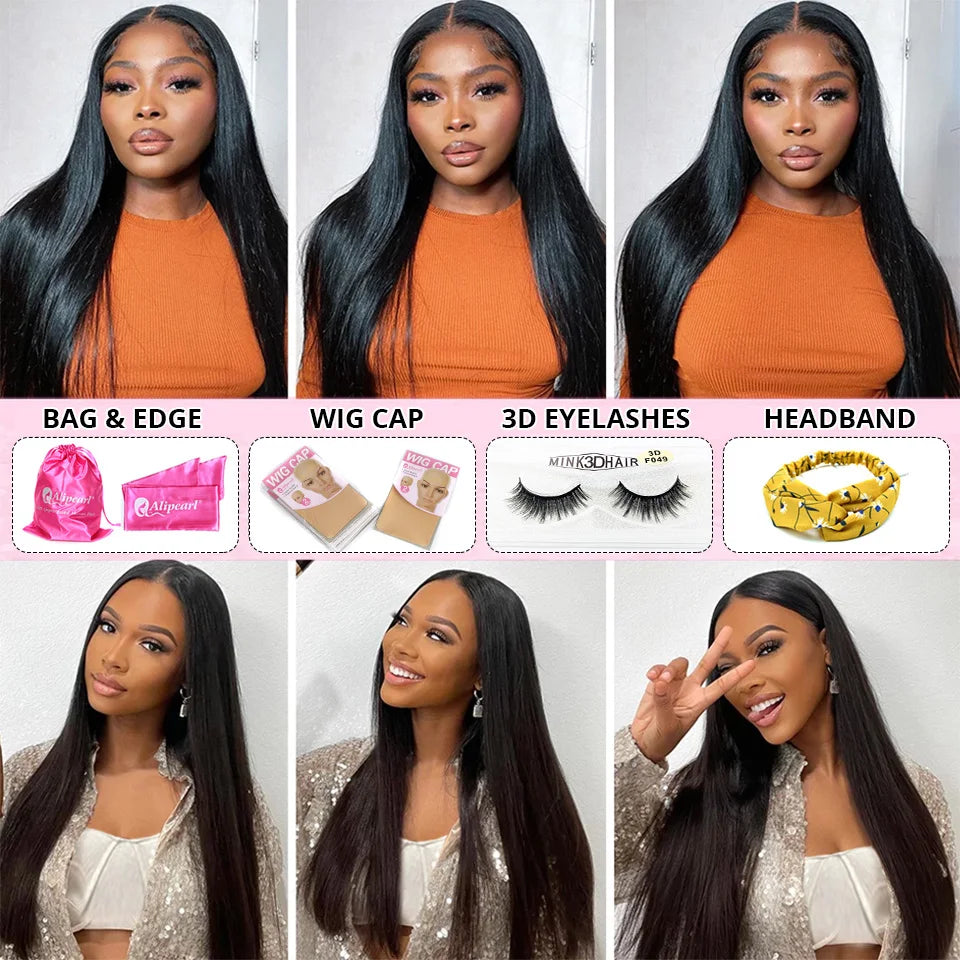 AliPearl Women Remy Brazilian straight hair bundles with 4x4 closure, natural black color, and smooth, silky texture.