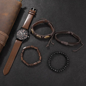 Set of five SHAARMS men's sports watches by Hot Trend Vault featuring retro big dial design with brown leather straps.