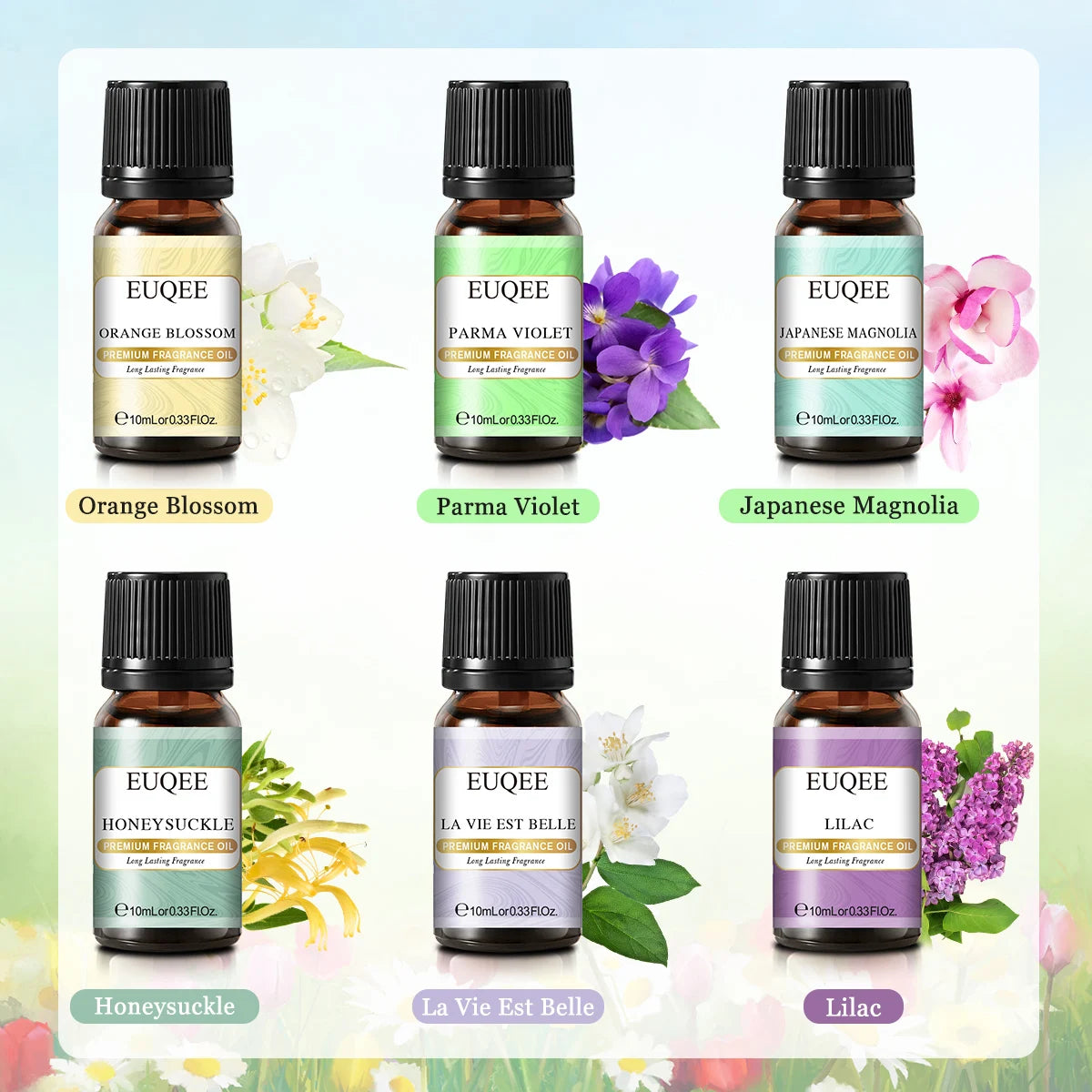 Set of six 10ml EUQEE fragrance oil bottles for men and women by Hot Trend Vault, displayed in clear bottles with labels.