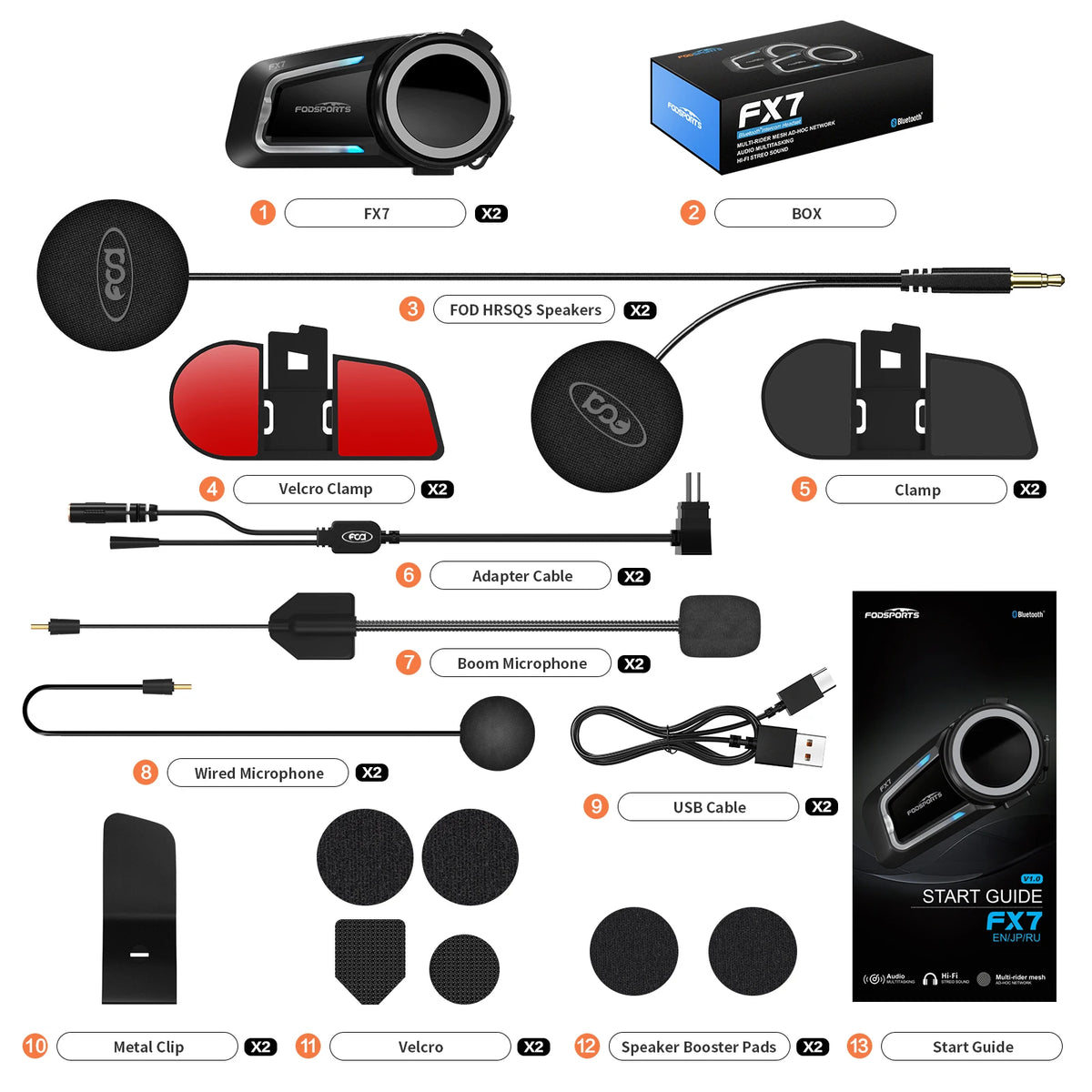 2 pcs Fodsports FX7 Mesh Motorcycle Intercom Bluetooth Helmet Headset BT5.4