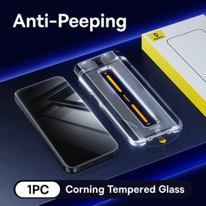 Baseus 16 Pro Max anti-peep tempered glass screen protector on a smartphone, showing secure privacy feature and clear display.