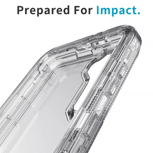 Hot Trend Vault Galaxy S21 Series transparent shockproof case with two tempered glass screen protectors, showing slim design and clear protection.