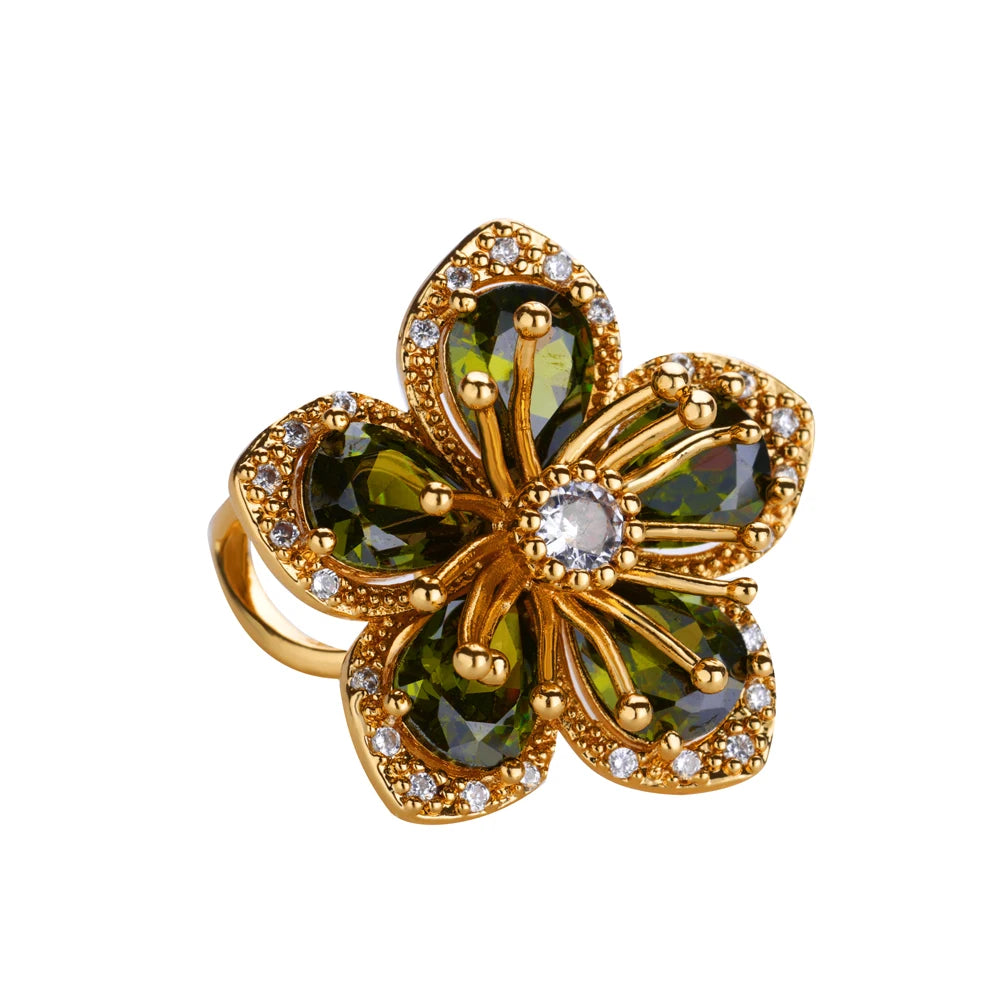 Green Zircon Flower Rings For Women Gold Color Stainless Steel Flower Floral Ring Elegant Luxury Wedding Aesthetic Jewelry Gift