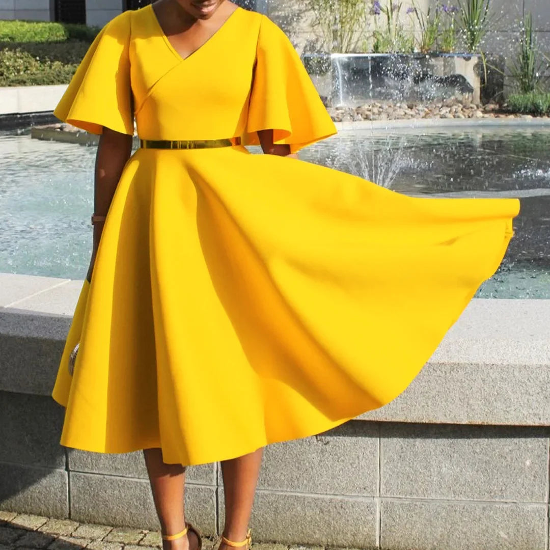 Elegant Dresses for Women V Neck Flare Sleeve High Waisted Pleated A Line Mid Calf Luxury Birthday Party Dinner Vestidos Mujer