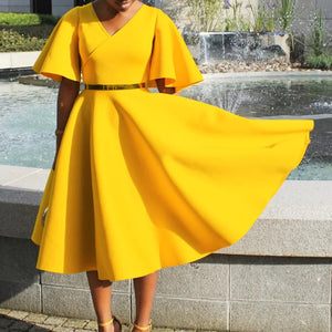 Elegant Dresses for Women V Neck Flare Sleeve High Waisted Pleated A Line Mid Calf Luxury Birthday Party Dinner Vestidos Mujer