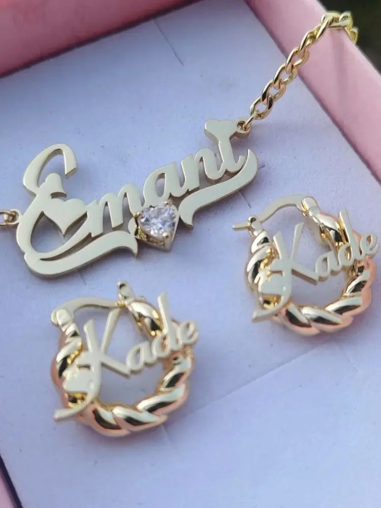 LeeChee Heart Zircon Custom Name Necklace 18mm Mini Twist Earrings Jewelry Set Gift For Girls