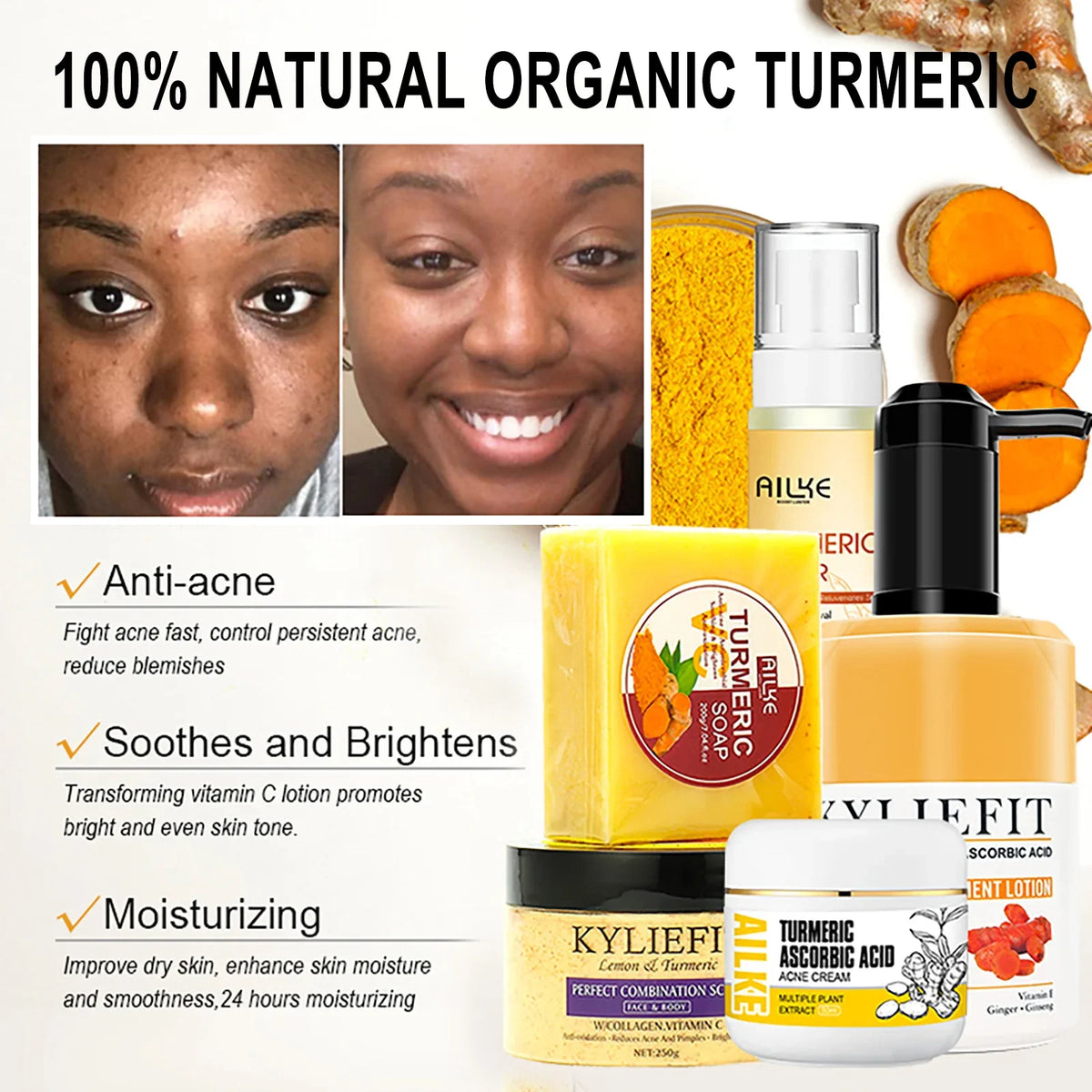 AILKE Turmeric Skin Care for acne and pore refining, unisex facial treatment with natural turmeric ingredients.