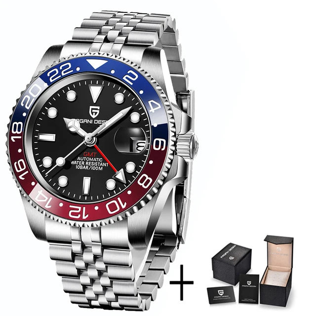 Luxury PAGANI DESIGN GMT men's watch with sapphire crystal, automatic movement, 40mm case, stylish and durable timepiece.