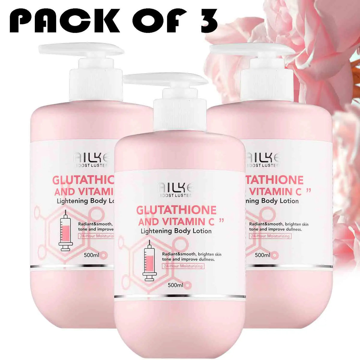 Hot Trend Vault AILKE Whitening Skin Care Set with Glutathione for all skin types, featuring bottles and skincare products.