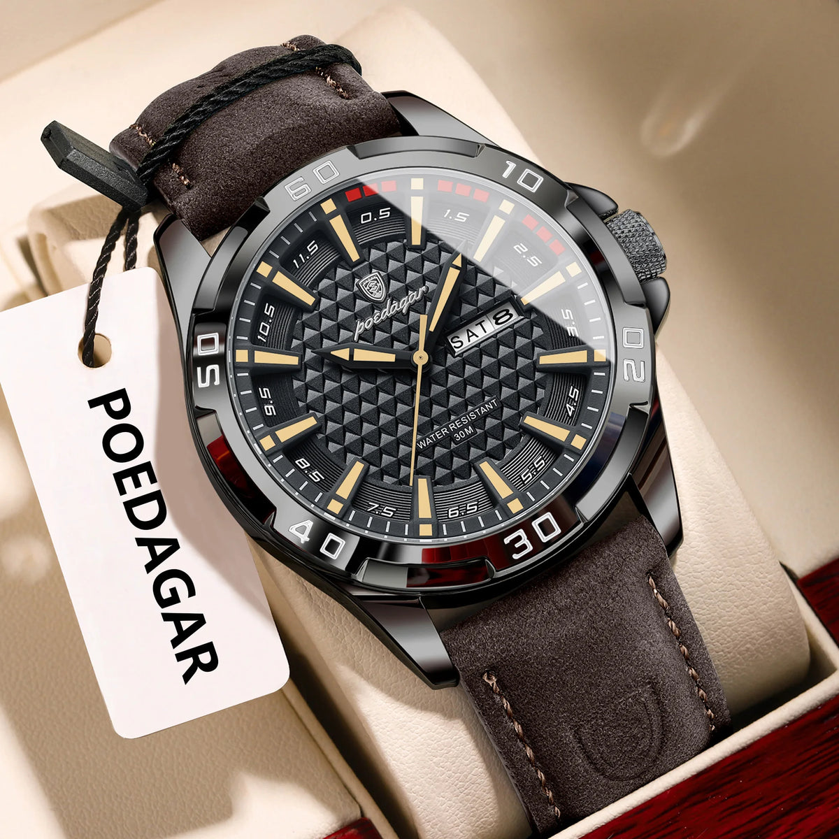 Hot Trend Vault men's luxury waterproof quartz leather watch showing a classic round dial and date display.