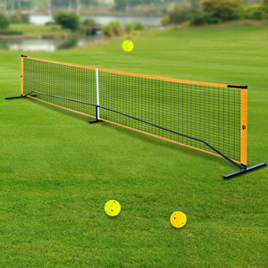 Portable Pickleball net set with four paddles, balls, and carry bag by Hot Trend Vault for backyard family fun.