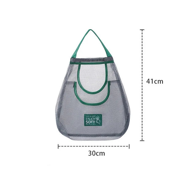 Reusable mesh storage bags hanging in a kitchen, ideal for organizing vegetables and produce with Hot Trend Vault branding.