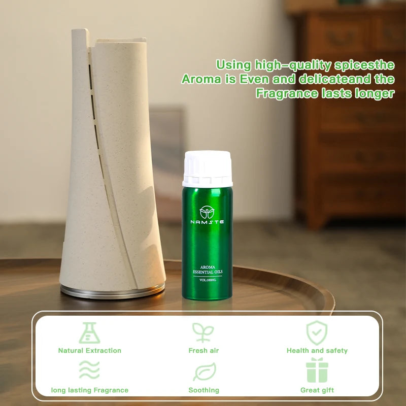 Hot Trend Vault Namste 100ml pure plant essential oil air freshener for hotels and homes, with a clear glass bottle and fresh botanical design.