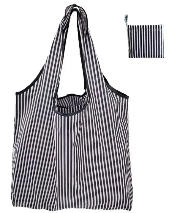 Reusable shopping bag for women by Hot Trend Vault, large eco-friendly foldable tote with carrying case, shown in navy blue.