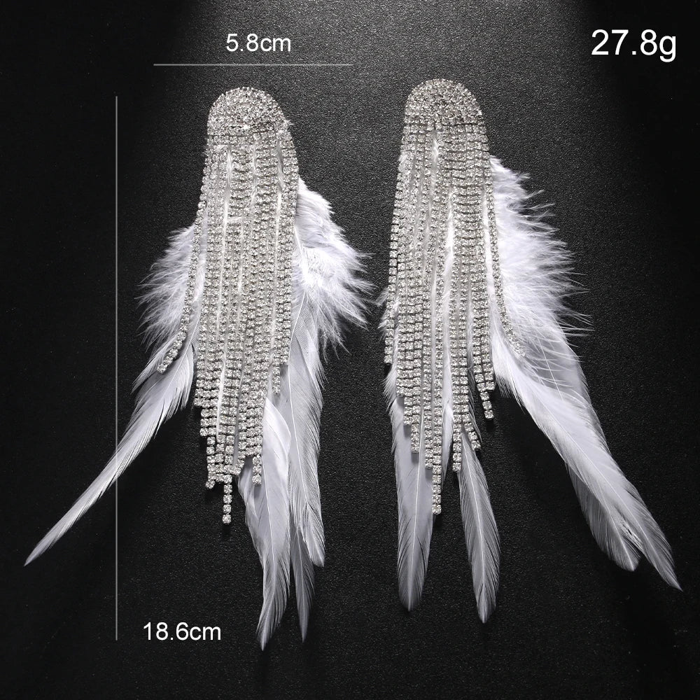 Stonefans Tassel Feather Earrings by Hot Trend Vault featuring geometric crystal drops and boho wedding jewelry style.