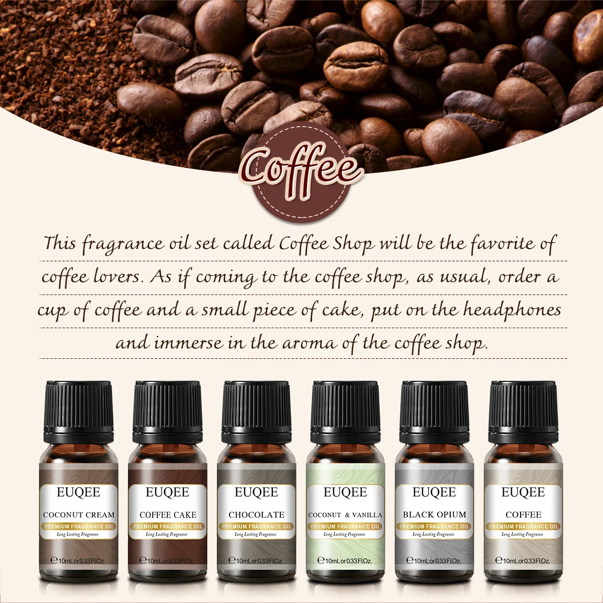 Set of six EUQEE fragrance oils for men and women in 10ml bottles by Hot Trend Vault, displayed in a colorful arrangement.