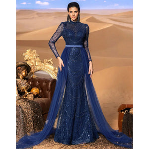 Elegant Wedding Evening  Dress for Women 2025 Muslim Long Sleeves Mermaid Detachable Train Sequined Prom Party Gown Customized