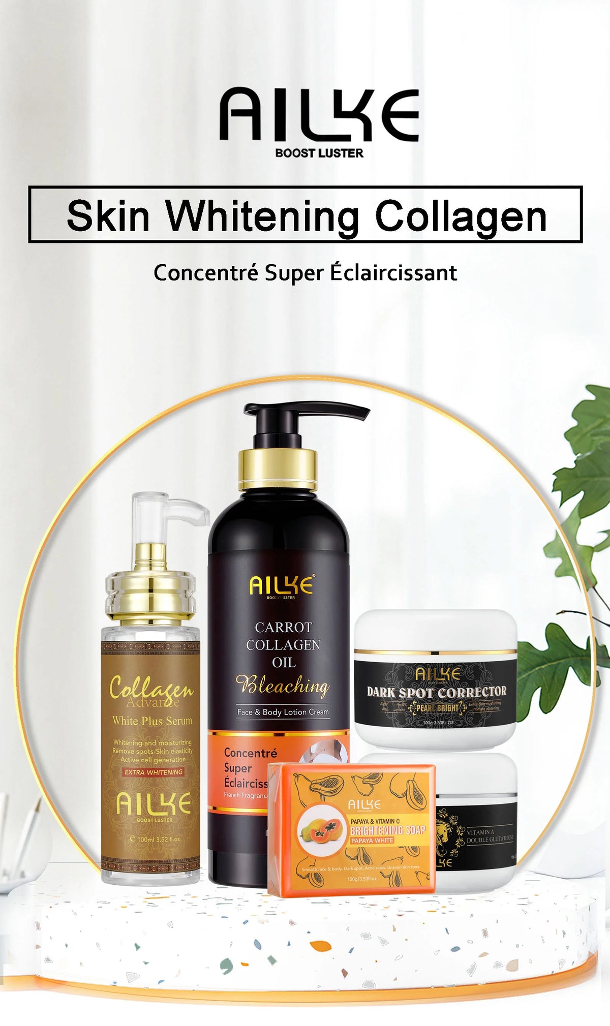 Hot Trend Vault AILKE Collagen 5-in-1 skincare set for all skin types, featuring brightening creams and serums in elegant packaging.