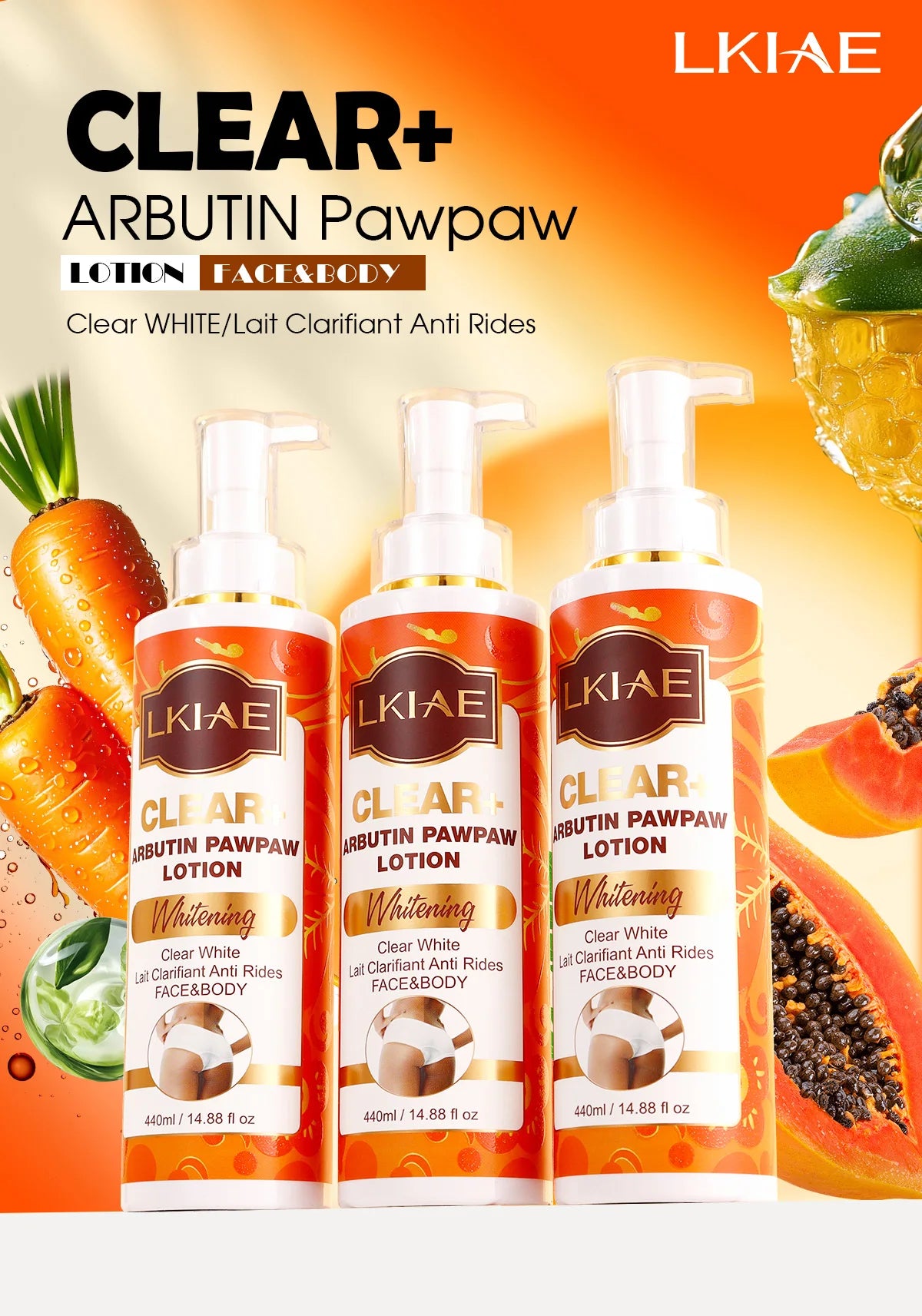 Hot Trend Vault Arbutin whitening serum with vitamin C, papaya, and carrot for dark spot removal and radiant moisturizing.