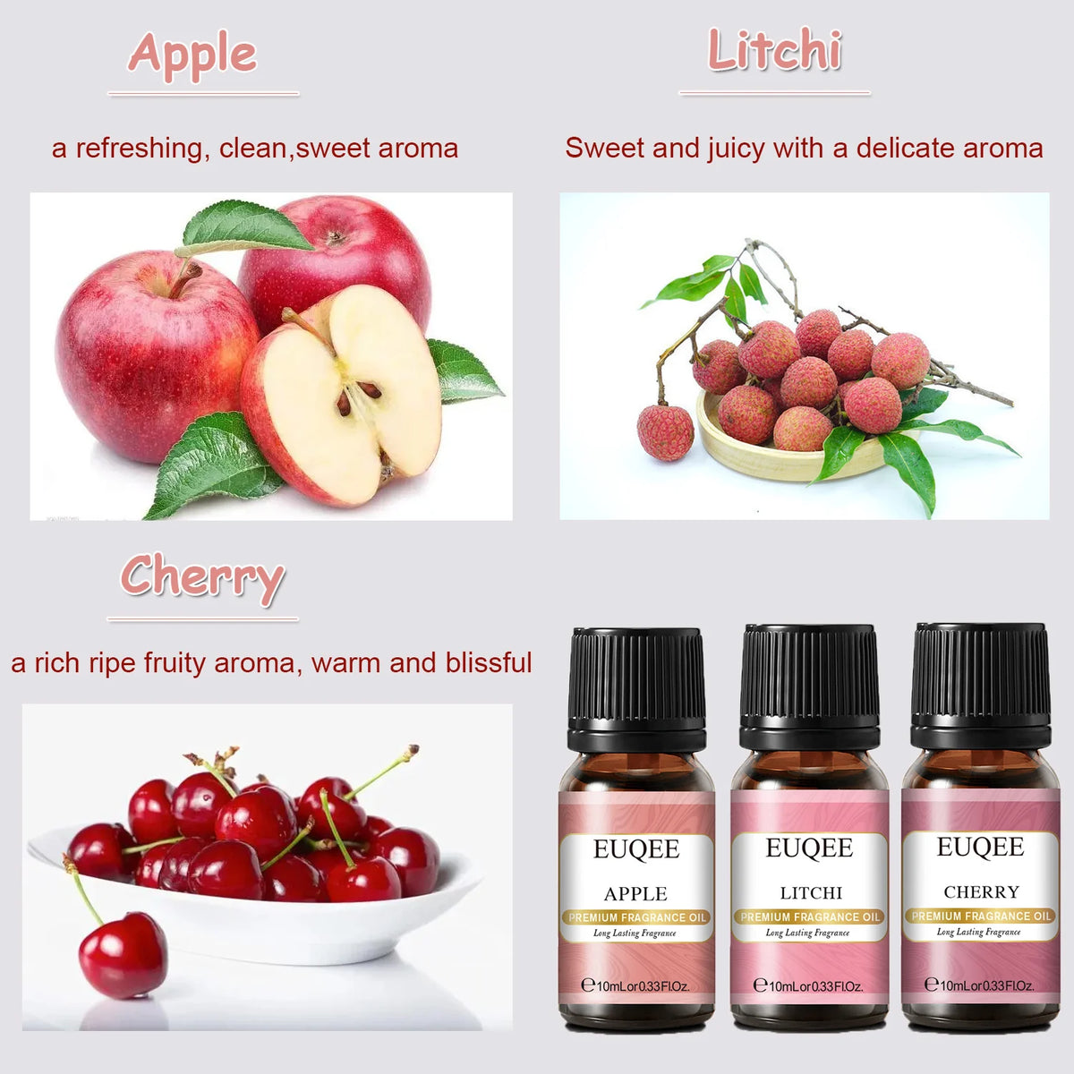Six 10ml bottles of EUQEE fragrance oils for men and women by Hot Trend Vault, featuring colorful glass bottles and labels.