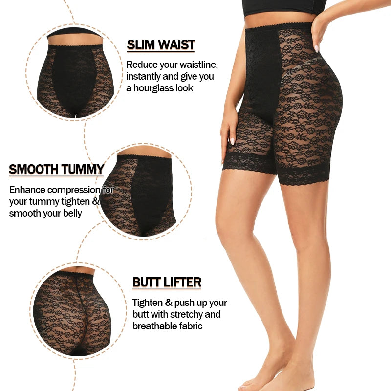 Miss Moly high waisted lace shapewear shorts by Hot Trend Vault, designed for firm body shaping and tummy control for women.