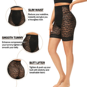 Miss Moly high waisted lace shapewear shorts by Hot Trend Vault, designed for firm body shaping and tummy control for women.