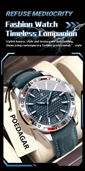 Men's luxury waterproof quartz leather watch with date display from Hot Trend Vault, featuring a sleek accessory design.