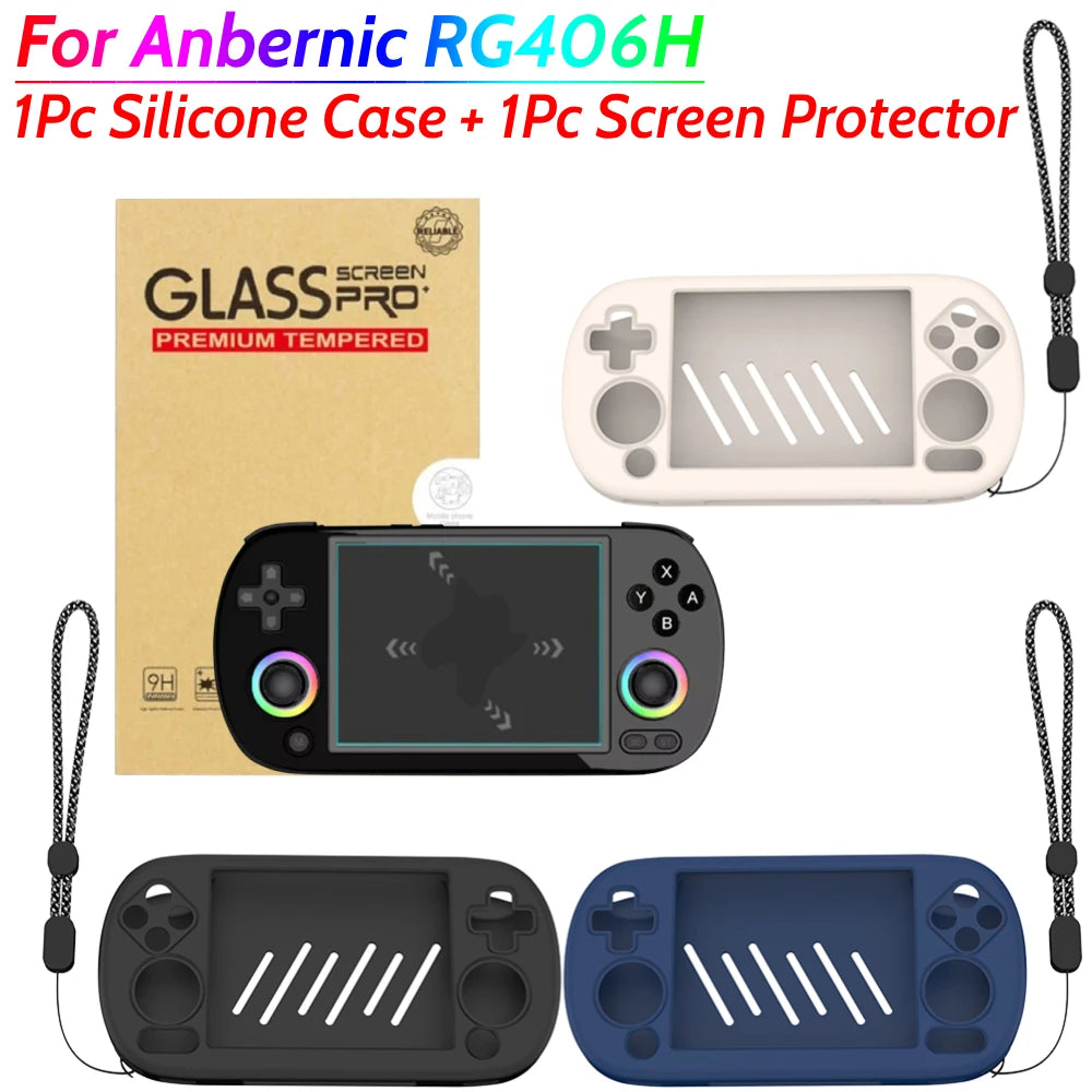 Silicone Case Protective Cover HD Tempered Glass Screen Protector for ANBERNIC RG40XX H Soft Skin Cover Case with Lanyard