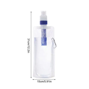 Foldable water bottle with built-in filter by Hot Trend Vault, designed for outdoor activities and travel, shown in a compact state.