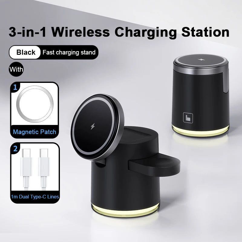 2025 New Qi2 Wireless Charger 3-in-1 Fast Charging Station Stand Folding Holder for iPhone16 15 14 ProMax Airpods Apple Watch