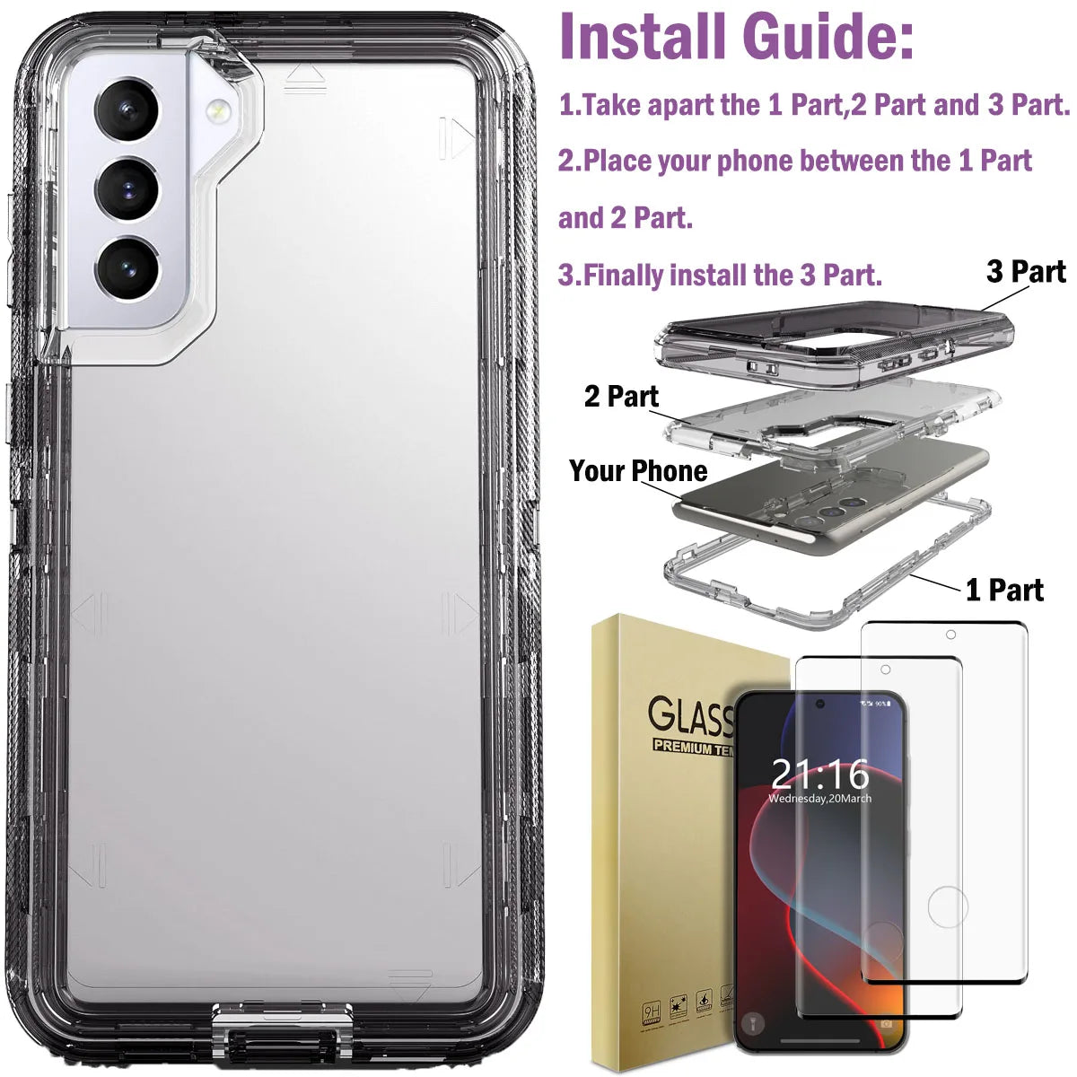 Clear Hot Trend Vault Galaxy S21 Series shockproof case with two tempered glass screen protectors, showing the transparent design.