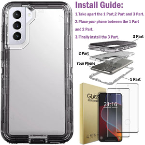 Clear Hot Trend Vault Galaxy S21 Series shockproof case with two tempered glass screen protectors, showing the transparent design.