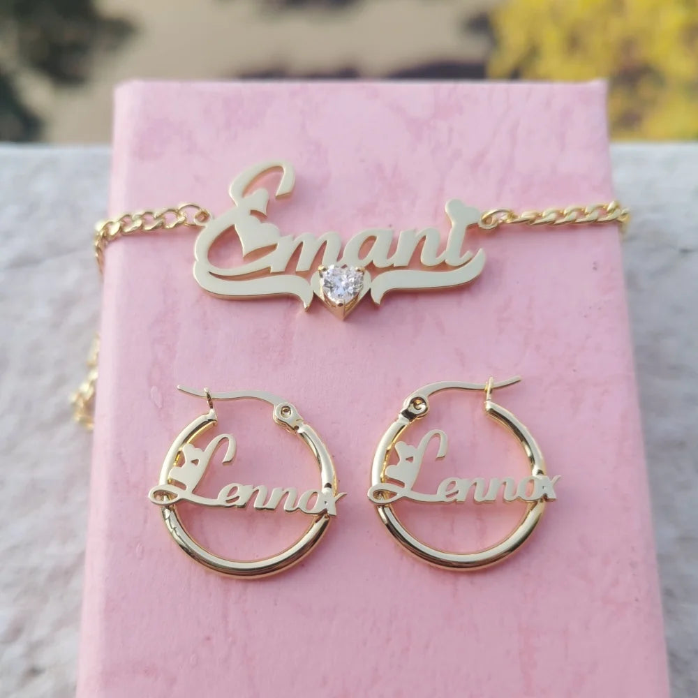 Hot Trend Vault custom name heart zircon necklace and earrings set with personalized jewelry, perfect gift for special occasions.