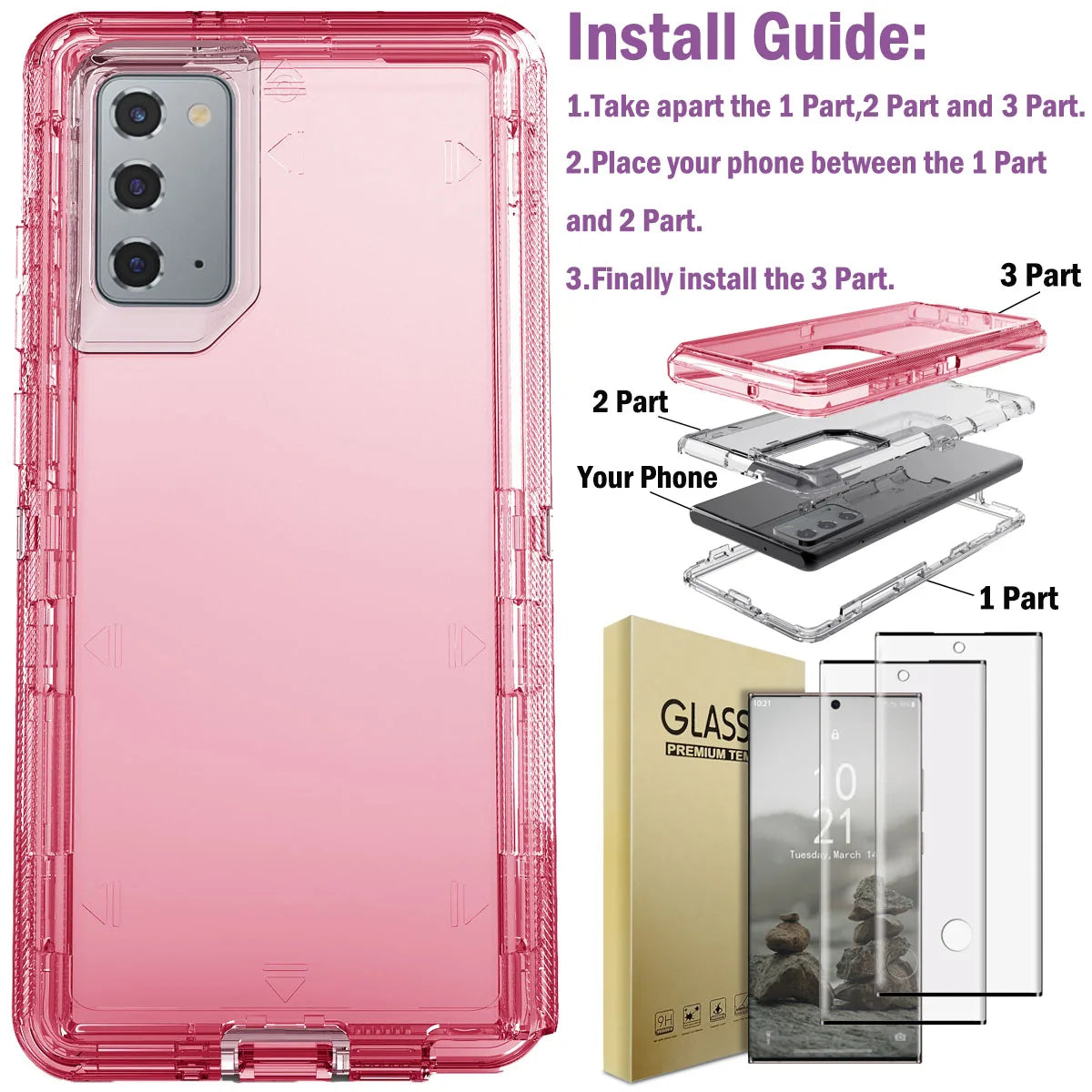 Hot Trend Vault Galaxy Note20 Ultra transparent shockproof phone case with two tempered glass screen protectors, showing the case on the phone.