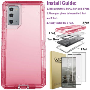 Hot Trend Vault Galaxy Note20 Ultra transparent shockproof phone case with two tempered glass screen protectors, showing the case on the phone.