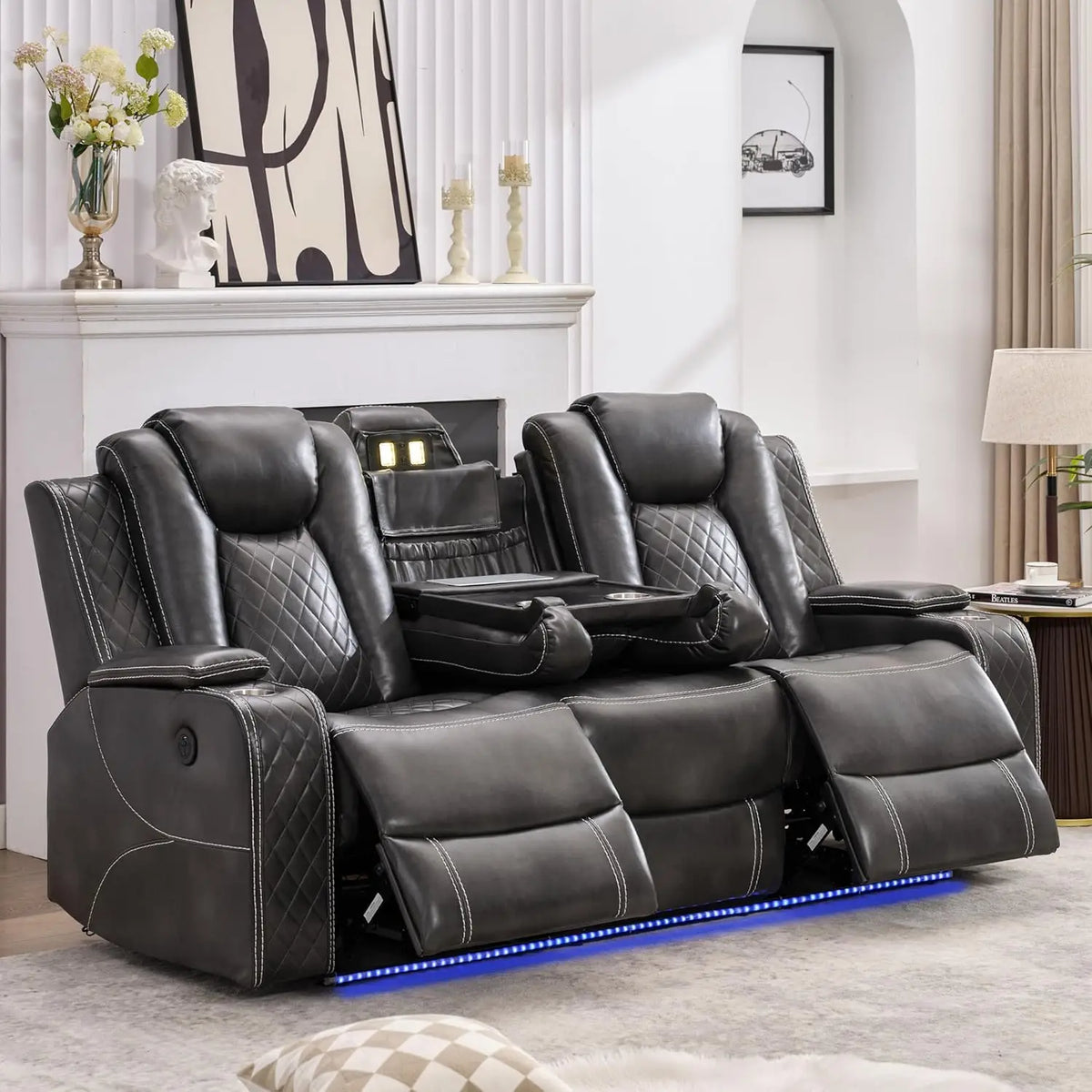 Hot Trend Vault Todrani Premium 0 Gravity Reclining Sofa with built-in wireless charger, USB Type-C, and LED floor lights in a modern living room