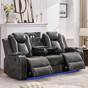 Hot Trend Vault Todrani Premium 0 Gravity Reclining Sofa with built-in wireless charger, USB Type-C, and LED floor lights in a modern living room