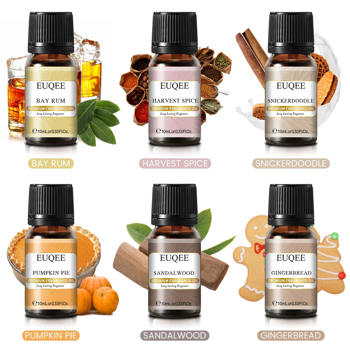 Six 10ml bottles of EUQEE fragrance oils for men and women from Hot Trend Vault, displayed with colorful caps.