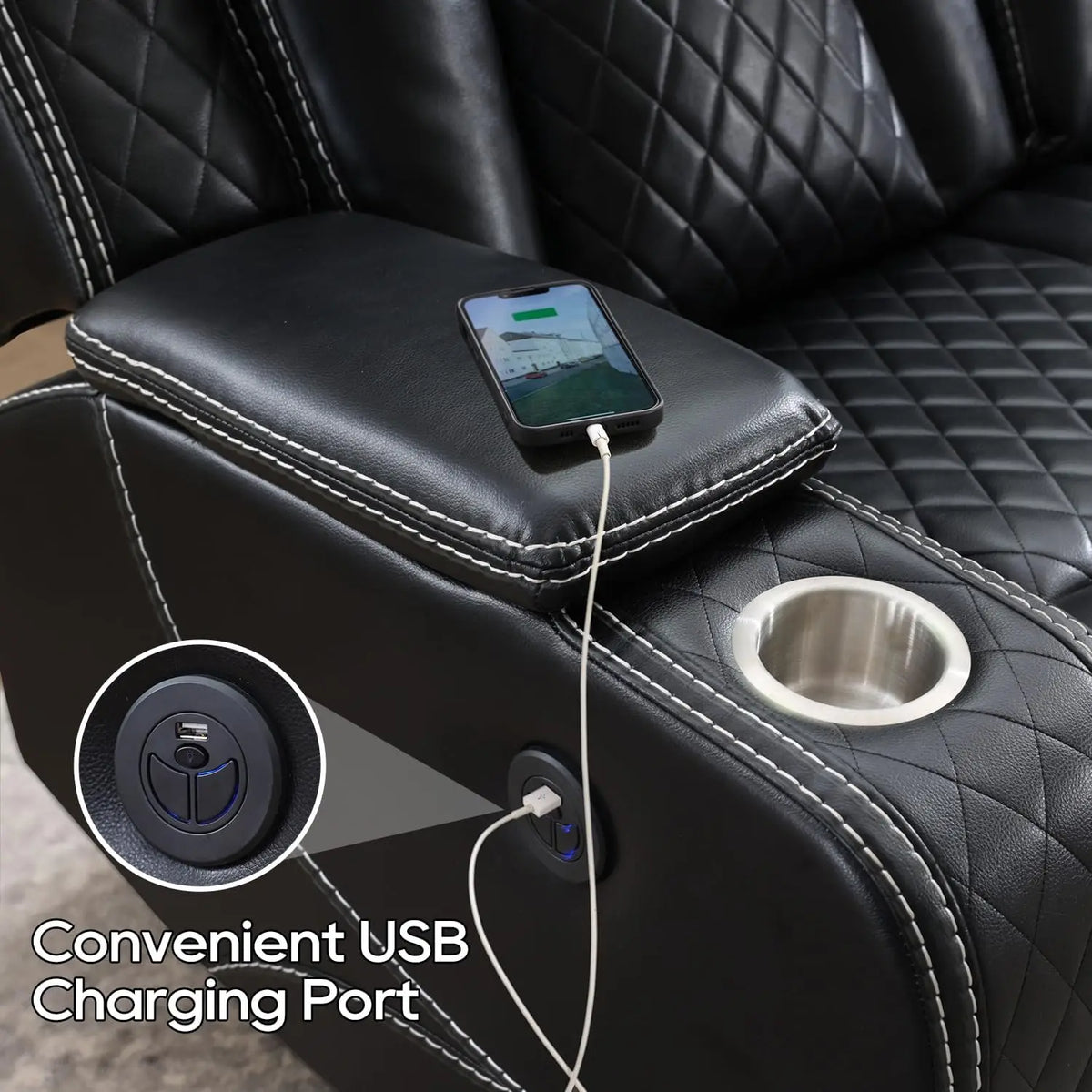 Hot Trend Vault Todrani Premium 0 Gravity Power Reclining Sofa with wireless charger, USB Type-C, and LED floor lights in a modern living room