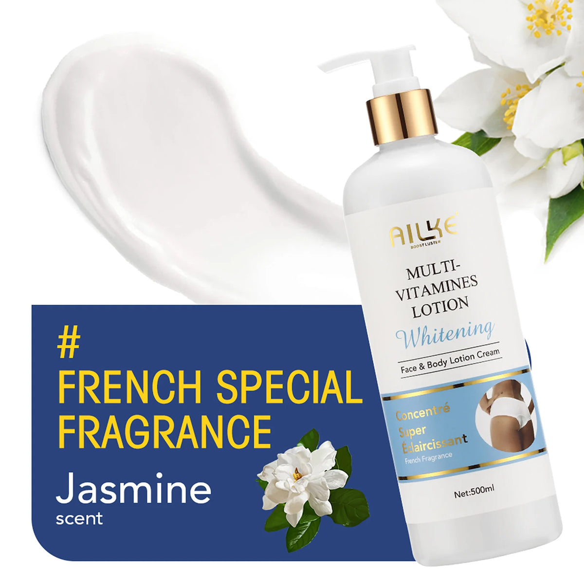 Hydrating AILKE whitening skin care for women with dark spots, featuring a sleek bottle and smooth, glowing skin.