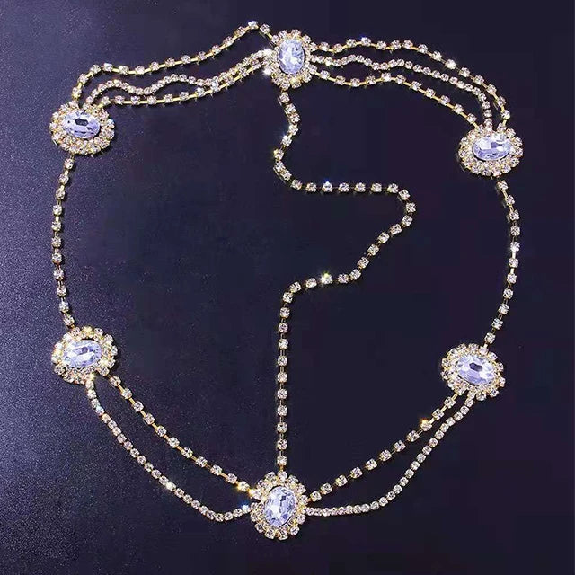Crystal bridal forehead chain by Stone Fans Bling, featuring elegant headwear with sparkling crystals for women.