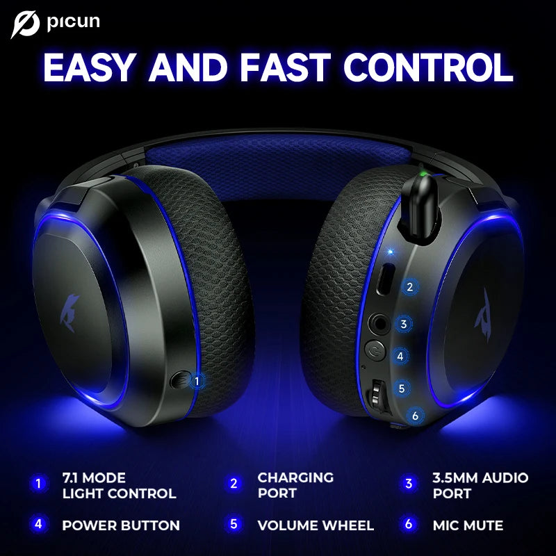 Picun G2 Wireless Gaming Headset Bluetooth 5.3 2.4G Headphones 7.1 Surround 5ms Low Latency ENC Mic for PC PS4 PS5 Phone Switch
