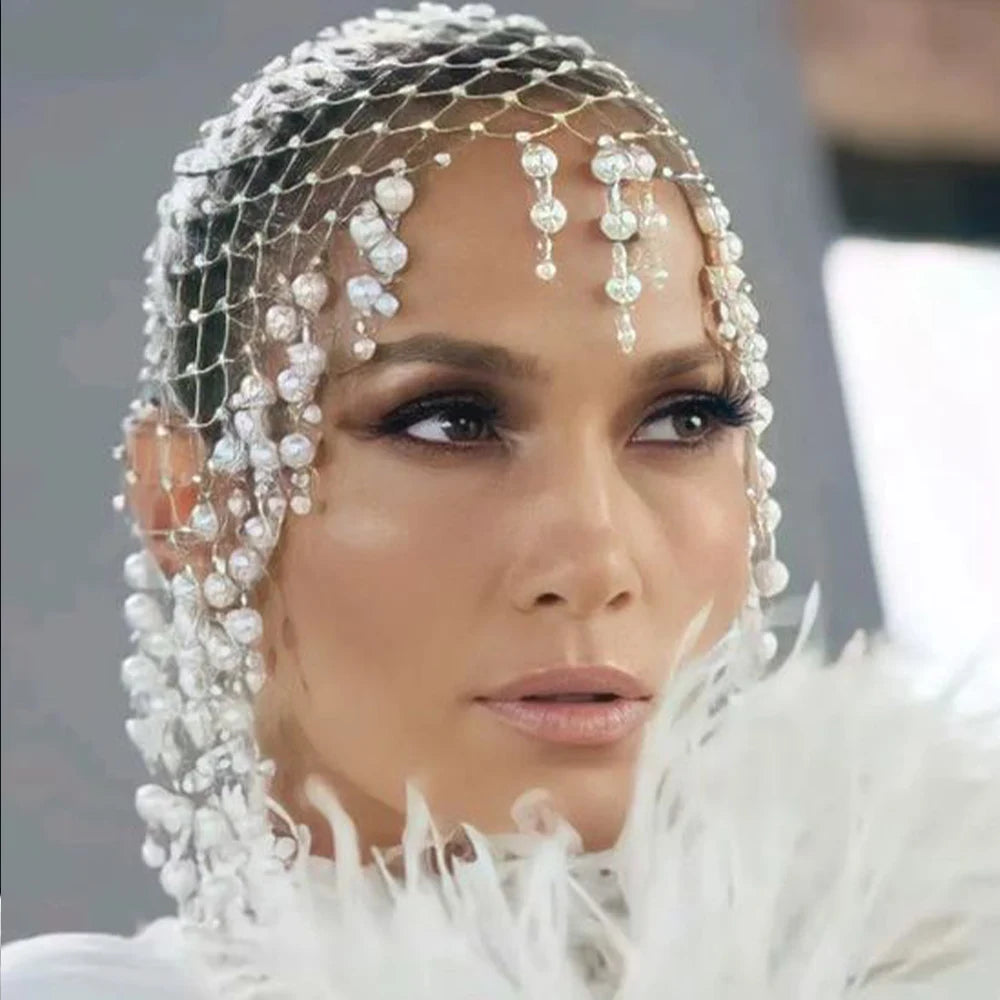 Handmade bridal hair accessory with pearl tassels and geometric mesh design, perfect for women’s wedding or special occasion hairstyles.