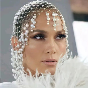Handmade bridal hair accessory with pearl tassels and geometric mesh design, perfect for women’s wedding or special occasion hairstyles.