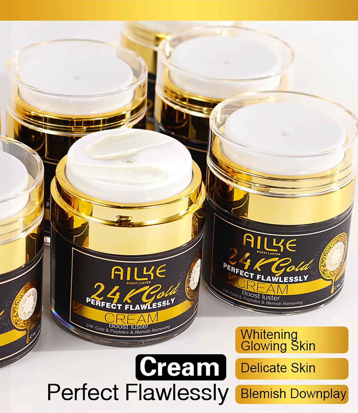 Luxury AILKE 24K gold collagen whitening cream by Hot Trend Vault, featuring a sleek jar with gold accents and elegant packaging.